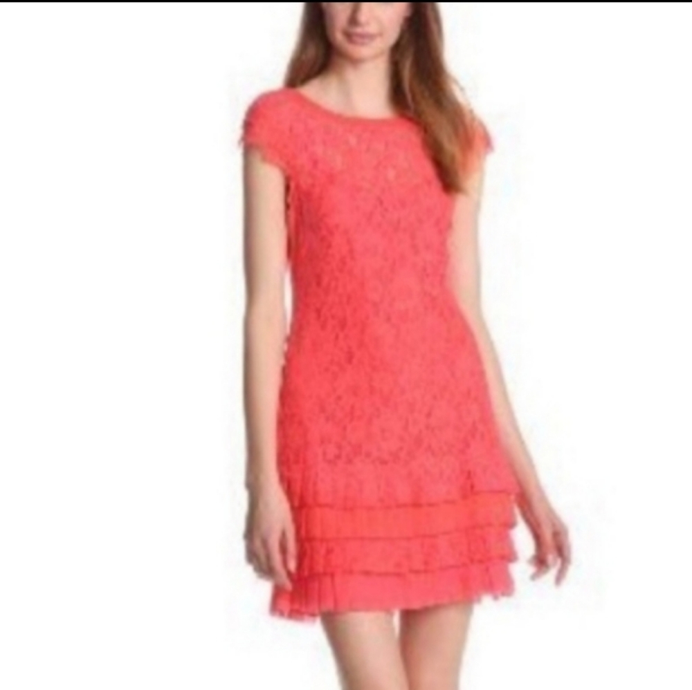 Jessica Simpson Coral Lace Mini Dress Size 4 – Ruffle Hem, Short Sleeve